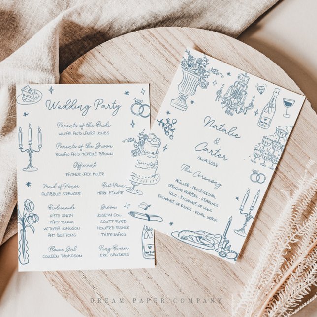 Dusty Blue Hand Drawn Whimsical Wedding Programme (Créateur téléchargé)