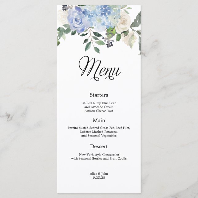 Dusty Blue Hydrangea Floral Menu Mariage (Devant)