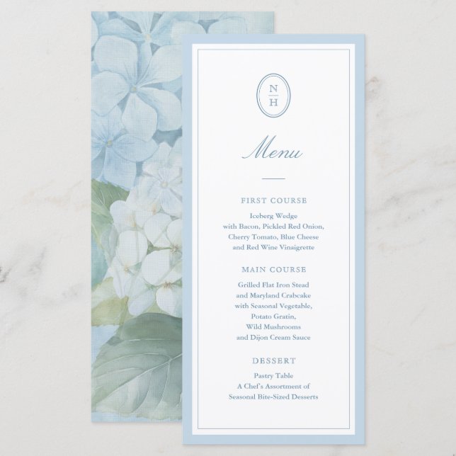 Dusty Blue Hydrangea Monogram Wedding Flat Menu (Devant / Derrière)