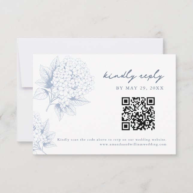 Dusty Blue Hydrangea QR Code RSVP Card (Devant)