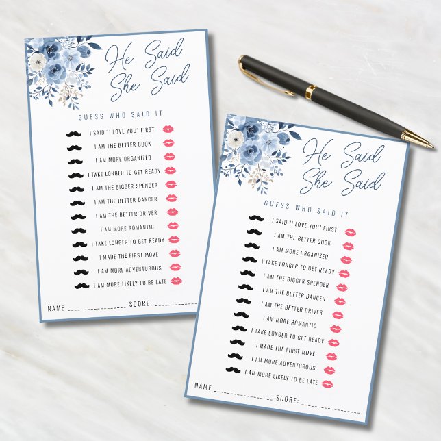 Dusty Blue Il Dit Qu'Elle A Dit Fête des mariées G (Two "He Said, She Said" bridal shower game cards with dusty blue floral design.)