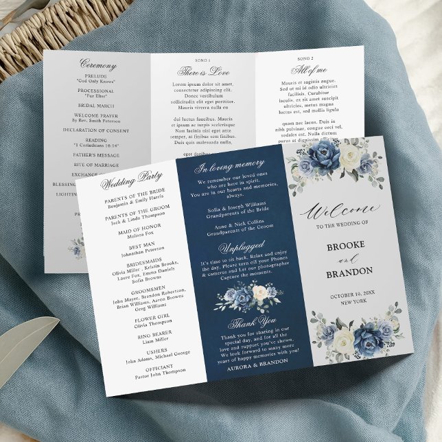 Dusty Blue Ivory Floral Tri-fold Wedding Programme (Dusty Blue Ivory Floral Tri-fold Wedding Program card)