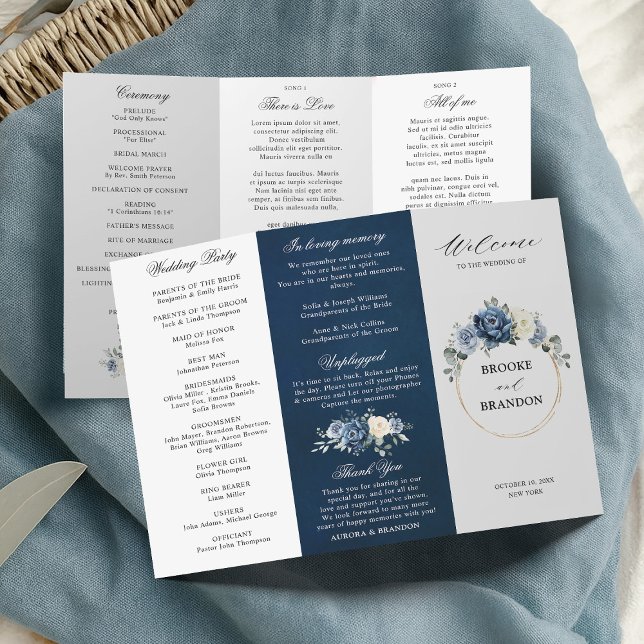 Dusty Blue Ivory Floral Tri-fold Wedding Programme (Dusty Blue Ivory Floral Tri-fold Wedding Program)