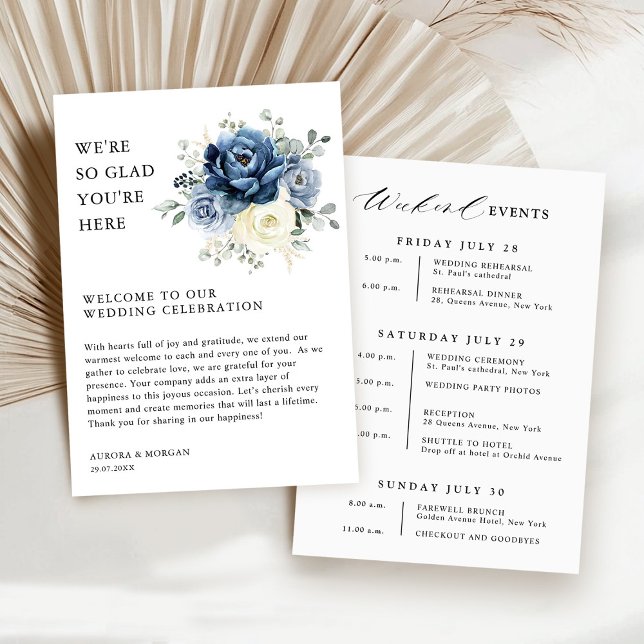 Dusty Blue Ivory Floral Weekend Events Programme (Dusty Blue Ivory Floral Weekend Events Budget  Wedding Program card)