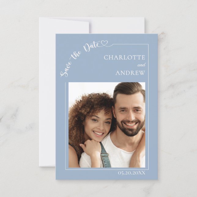Dusty blue ivory photo wedding Save the Date (Devant)
