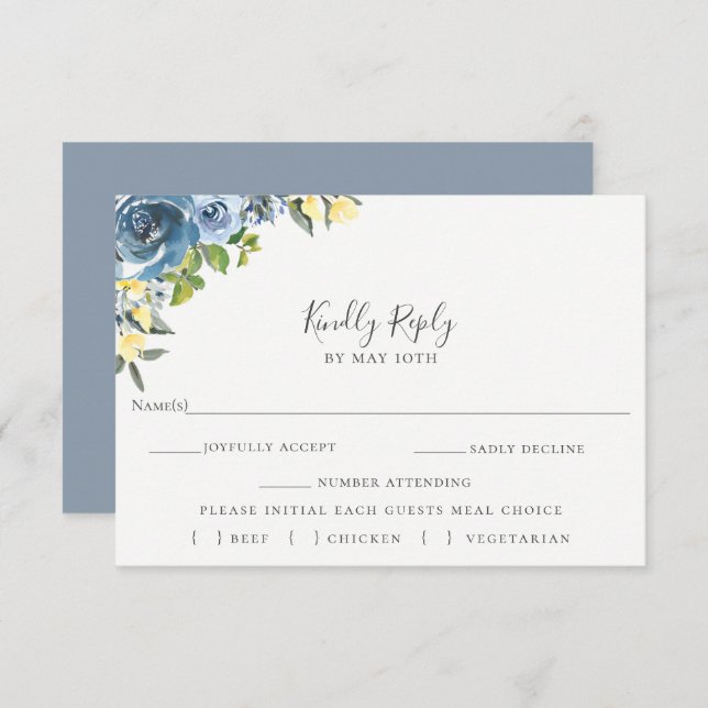 Dusty Blue Jaune Floral Wedding RSVP Meal Choice (Devant / Derrière)