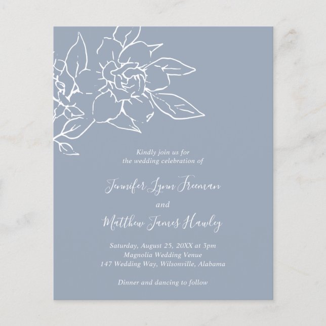 Dusty Blue Line Art Floral Budget Mariage Inviter (Devant)