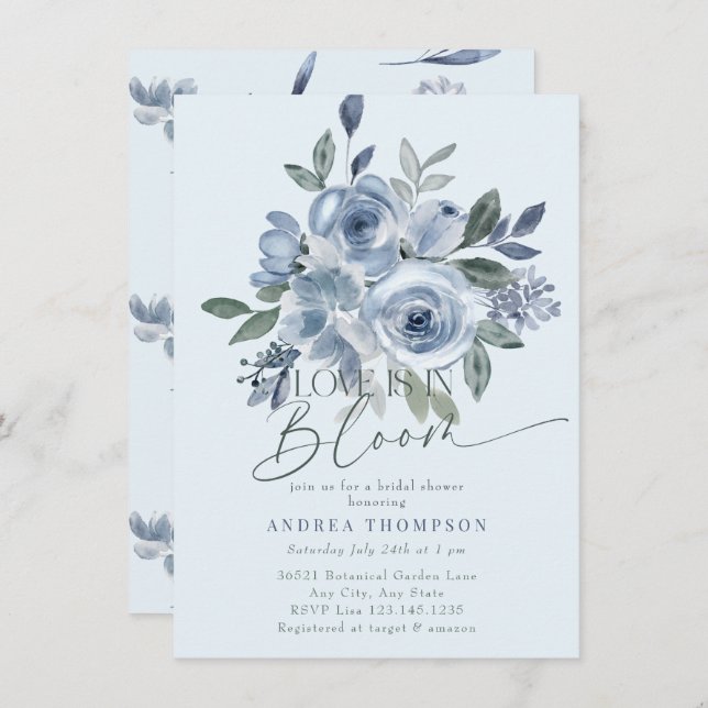 Dusty Blue Love in Bloom Bridal Shower Invitations (Devant / Derrière)