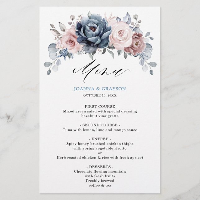 Dusty Blue Mauve Rose ardoise Floral Mariage Menu (Devant)