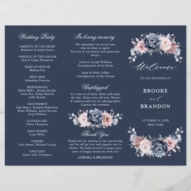 Dusty Blue Mauve Rose Mariage Tri-Fold Programme (Devant)