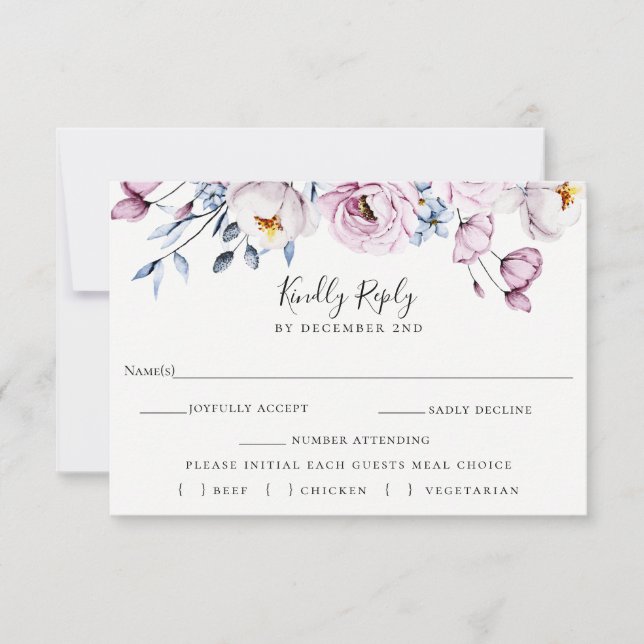 Dusty Blue Mauve Wedding RSVP Meal Choice Card (Devant)