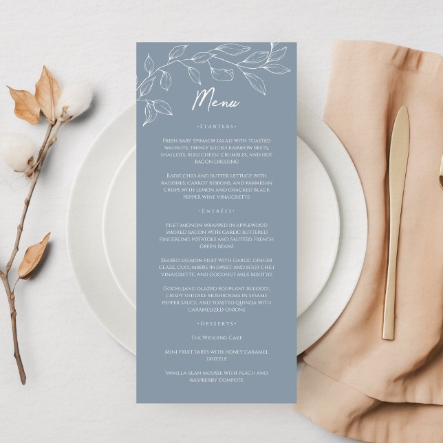 Dusty Blue Minimal Leaf Mariage plat menu (Créateur téléchargé)
