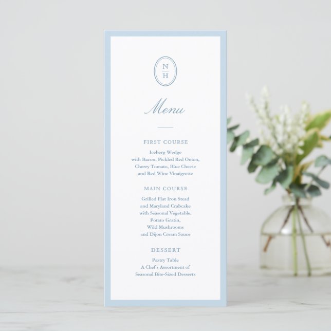 Dusty Blue Minimalist Wedding Monogram Flat Menu (Debout devant)