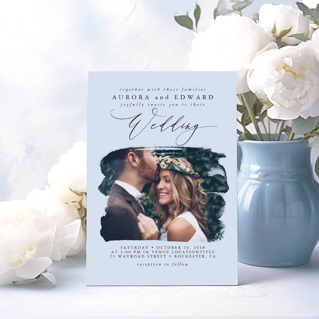 Dusty Blue Modern Boho Wedding Photo Invitation (Elegant Minimalist Wedding Photo Invitations in a Dusty Blue Color)