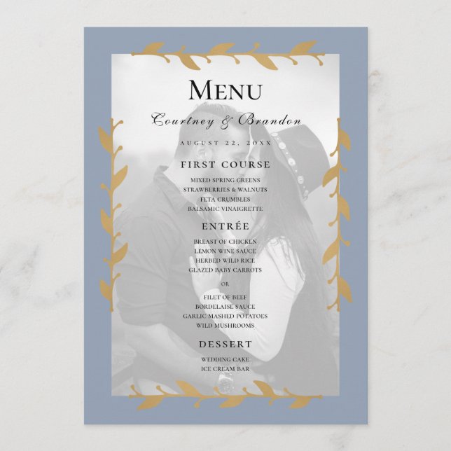 Dusty Blue Modern Photo Gold Feuille Menu Mariage (Devant)