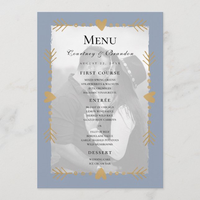 Dusty Blue Modern Photo Gold Hearts Menu Mariage (Devant)