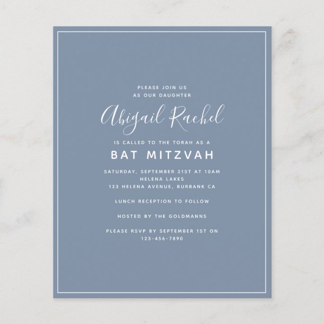 Dusty Blue Moderne Budget Bat mitzvah Invitation (Devant)