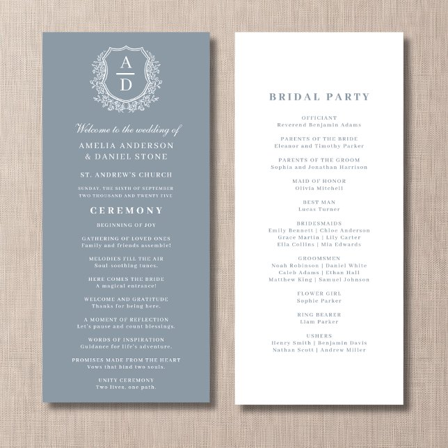 Dusty Blue Monogram Crest Wedding Programme (Créateur téléchargé)