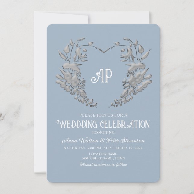 Dusty Blue Monogram Vintage Wedding Invitation (Devant)