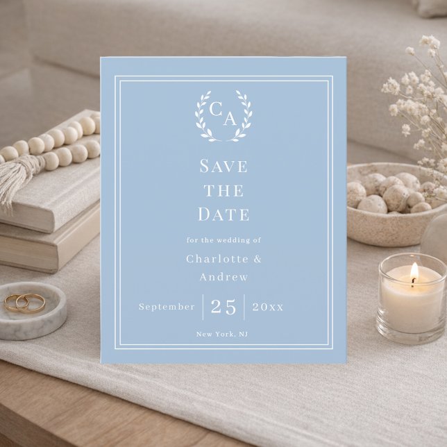 Dusty blue monogram wreath wedding Save the Date  (Créateur téléchargé)