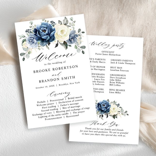 Dusty Blue Navy Champagne Ivory Wedding Programme (Dusty Blue Navy Champagne Ivory budget Wedding Program card)