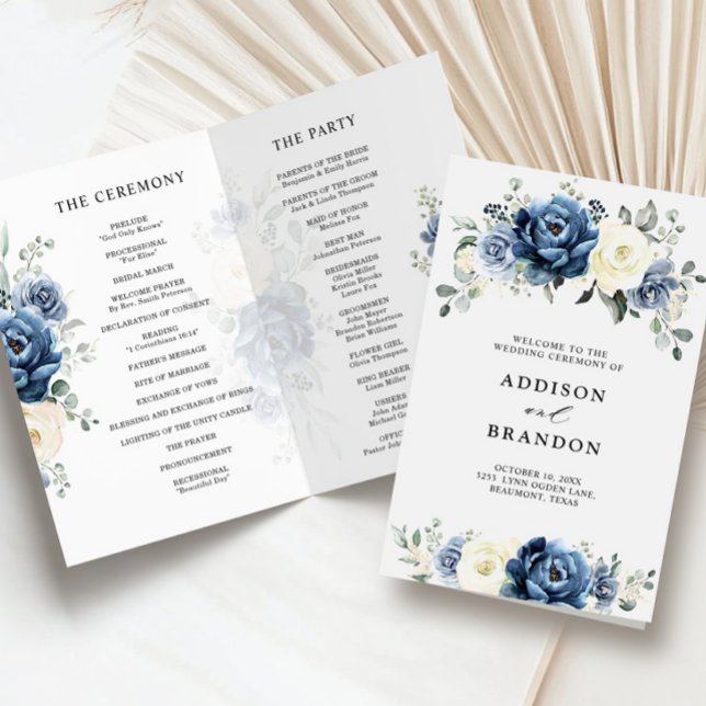 Dusty Blue Navy Champagne Ivory Wedding Programme (Dusty Blue Navy Champagne Ivory folded budget Wedding Program
)