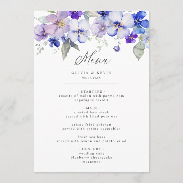 Dusty Blue Navy Lavender Lilac Floral Menu Mariage (Devant)