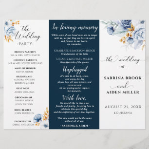 Dusty Blue Navy White Gold Floral Wedding Programm