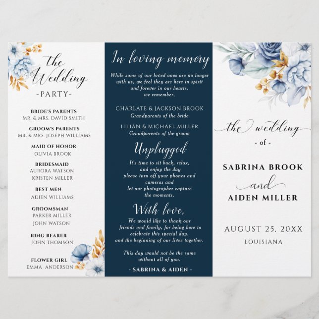Dusty Blue Navy White Gold Floral Wedding Programm (Devant)