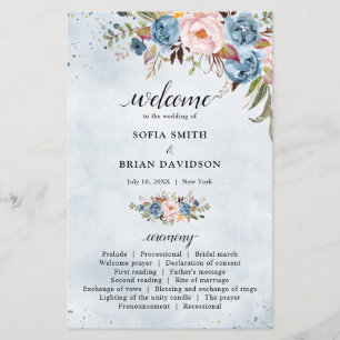 Dusty Blue Peach Blush programme de mariage botani