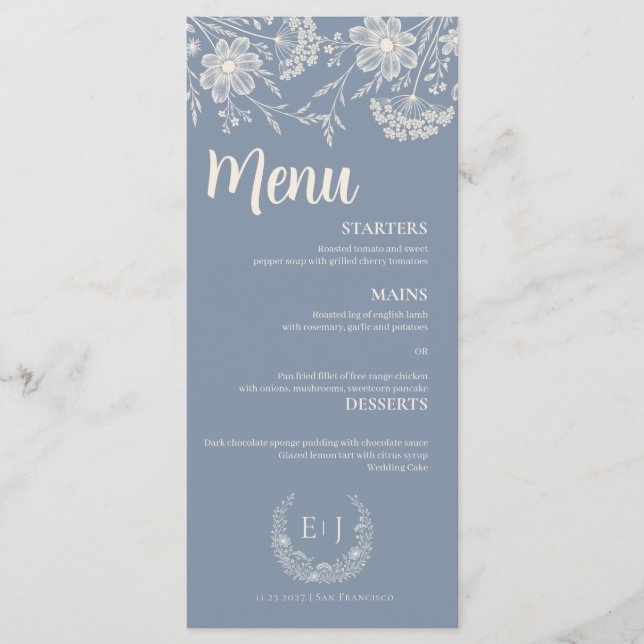 Dusty Blue Periwinkle Wildflower Wedding Menu (Devant)