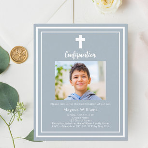 Dusty blue photo boy Invitation de confirmation