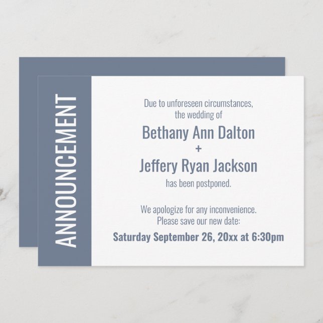 Dusty Blue Postponed Mariage Faire-part (Devant / Derrière)