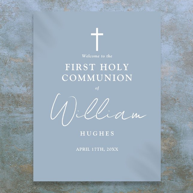 Dusty Blue Première Affiche de bienvenue de la sai (Dusty Blue First Holy Communion Welcome Sign)