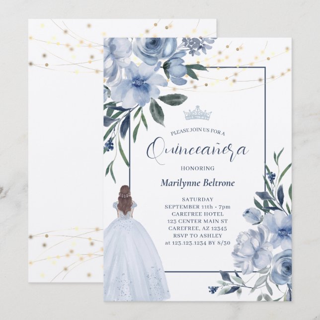 Dusty Blue Princess Quinceañera Invitation (Devant / Derrière)