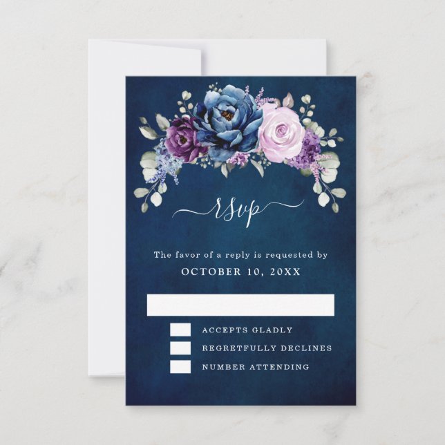 Dusty Blue Purple Navy Lilac Blooms Mariage RSVP C (Devant)