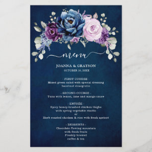 Dusty Blue Purple Navy Lilac Blooms Menu Mariage