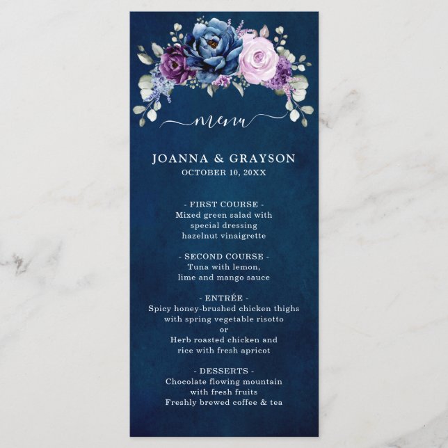 Dusty Blue Purple Navy Lilac Blooms Menu Mariage (Devant)