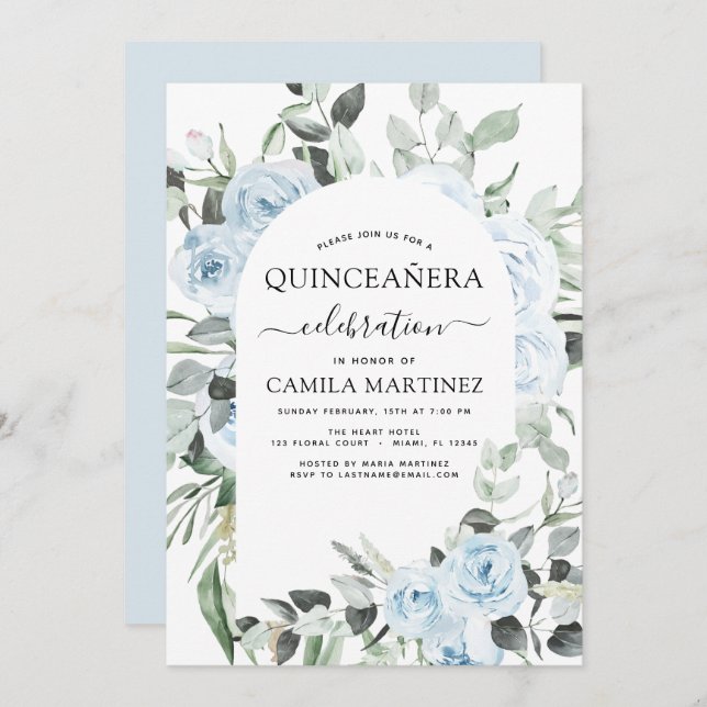Dusty Blue Quinceañera Floral Invitation (Devant / Derrière)