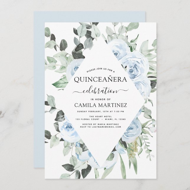 Dusty Blue Quinceañera Floral Invitation (Devant / Derrière)