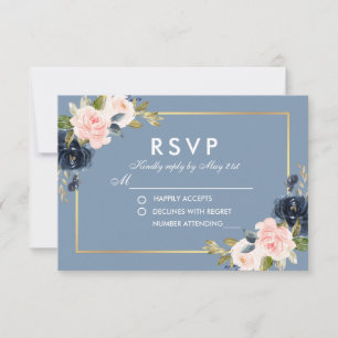 Dusty Blue Rose Blush Floral Gold Wedding RSVP