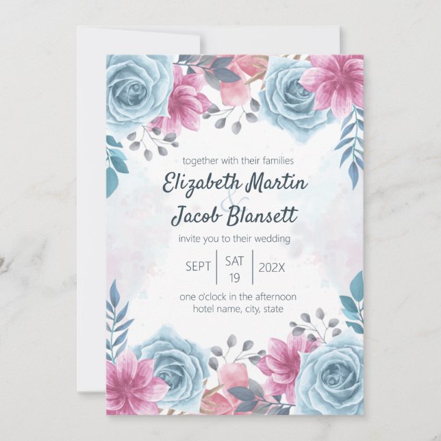 Dusty Blue Rose et rose Floral Faire-part de maria (Devant)