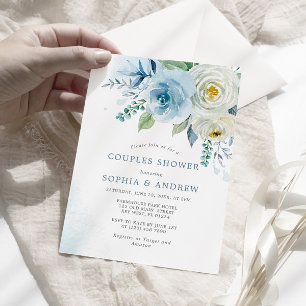 Dusty Blue Rose Floral Couples Douche Invitation
