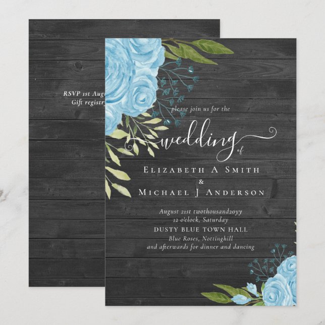 Dusty Blue Roses Rustic Wood Mariage Budget (Devant / Derrière)