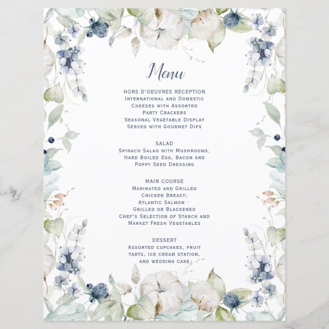 Dusty Blue Sage Green Winter Floral Menu Mariage (Devant)