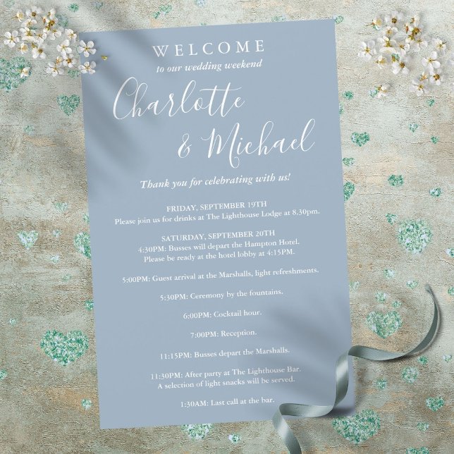 Dusty Blue Script Guest Mariage Weekend Programme (Dusty Blue Script Guest Wedding Weekend Program)