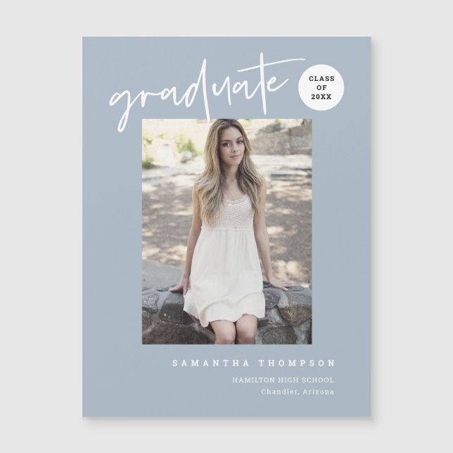 Dusty Blue Script School Graduate Photo Magnet (Devant)