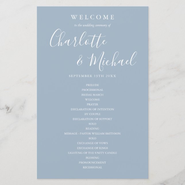 Dusty Blue Signature Script Wedding Programme (Devant)