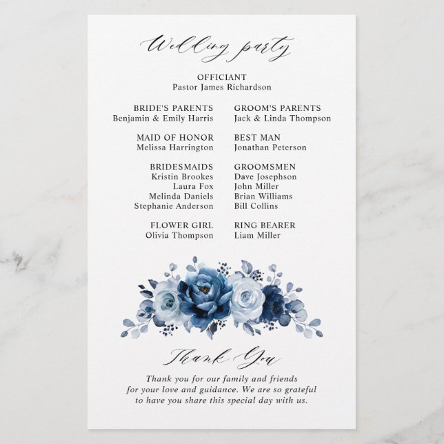 Dusty Blue Slate Navy Floral Wedding Program (Dos)