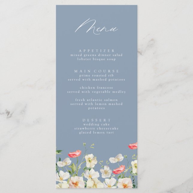 Dusty Blue Spring Peony Watercolor Menu Mariage (Devant)